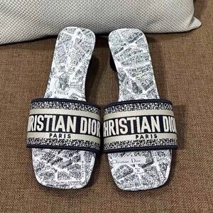 Dior Black and Cream Paris Logo Slide Sandals